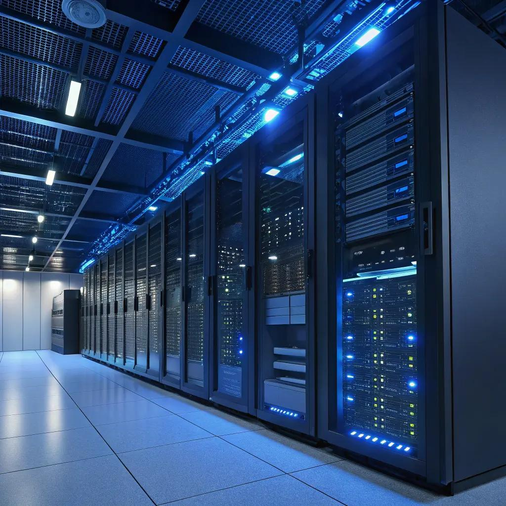 Modern data center server infrastructure with blue lighting